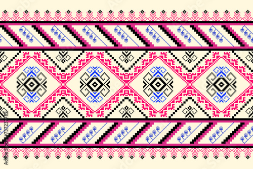 Geometric Ethnic Seamless Pattern Vintage Style with Pink Black and Blue Colors. Design for background, illustration, texture, fabric, wallpaper, clothing, carpet, batik, embroidery
