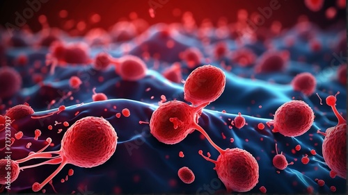 Futuristic red theme glowing abstract background with bacilli bacteria and flu virus cells from Generative AI photo