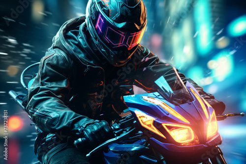 Ai generated illustration image of video game personage cyberpunk driving motorcycle speed motion neon illuminated city © Tetiana