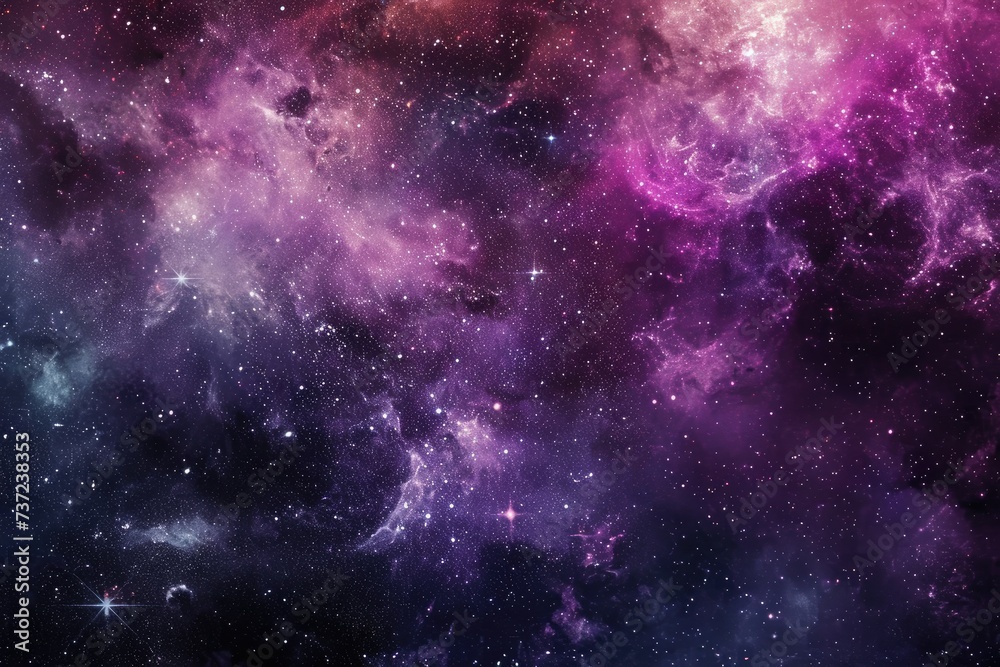 A vibrant space scene featuring a mixture of purple and blue hues, with countless stars filling the vast expanse, An abstract, galaxy-themed background with stars and constellations, AI Generated