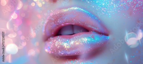 closeup macro woman lip wearing mystic lipstick paint with glitter glow and pink angelic tone color, sexy glamour fantasy make up art, Generative Ai