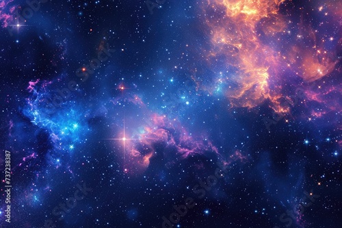 An image capturing the vibrant hues and vast expanse of a space filled with scattered stars and swirling cosmic dust, An abstract, galaxy-themed background with stars and constellations, AI Generated