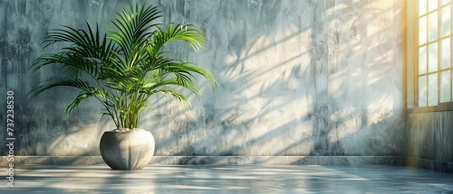Interior design with potted tropical palm tree in empty room with gray wall background and sunlight from the window.
