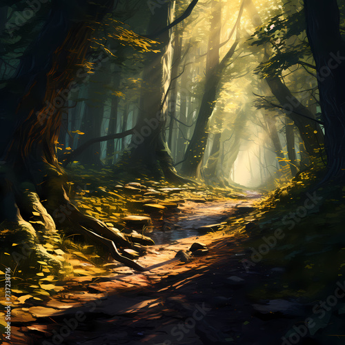 A mysterious forest path with dappled sunlight.