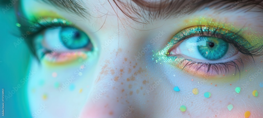 closeup woman eye wearing iridescent gradient glow metallic green make up , Generative Ai closeup woman eye wearing iridescent gradient glow metallic green make up , Generative Ai