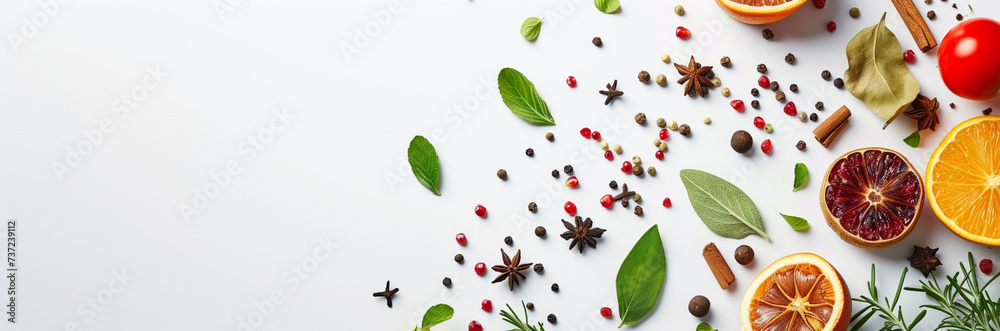 Assorted spices on white background. Delicious food ingredients, cooking concept Assorted spices on white background. Delicious food ingredients, cooking concept