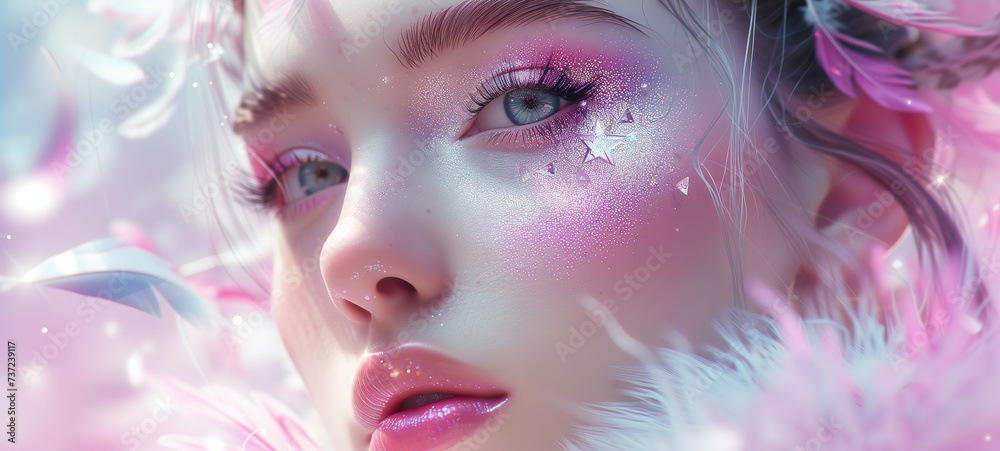 closeup woman eye wearing  pink make up with feather and  glitter glow diamond dust, fantasy fairytale angelic look , Generative Ai
