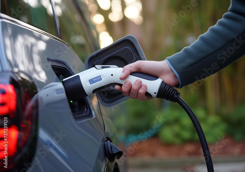 Man holding an Electric Vehicle charger. EV charging. Generative AI