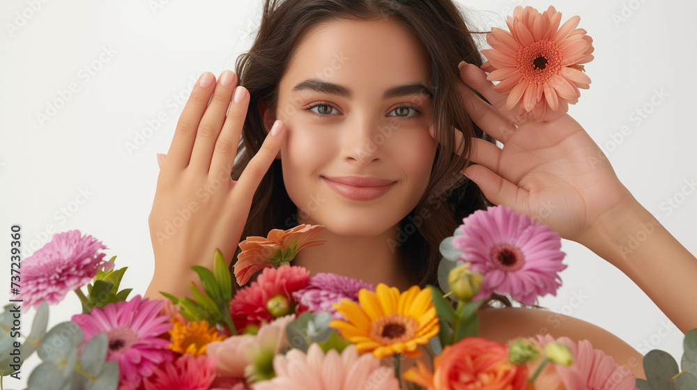 Radiant Young Woman Smiling with a Vibrant Bouquet of Gerbera Daisies, woman with flowers