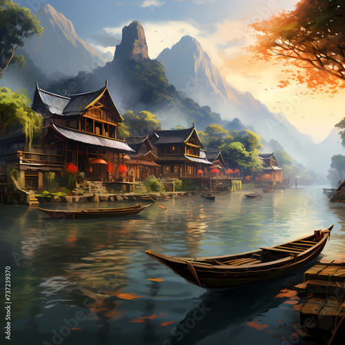 A peaceful riverside village with boats. 