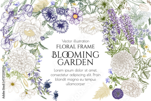 Vector card template of violet-beige flowers. Peonies, roses, tulips, lilies, bells, cornflowers, irises, lupins, periwinkle, chicory, chrysanthemum, cosmos