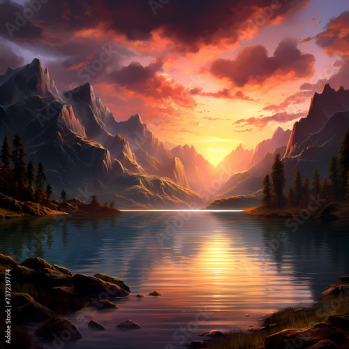 A serene sunset over a mountain lake. 