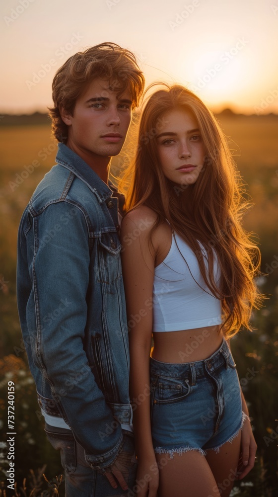 A man and a woman standing next to each other in a field A man and a woman standing next to each other in a field