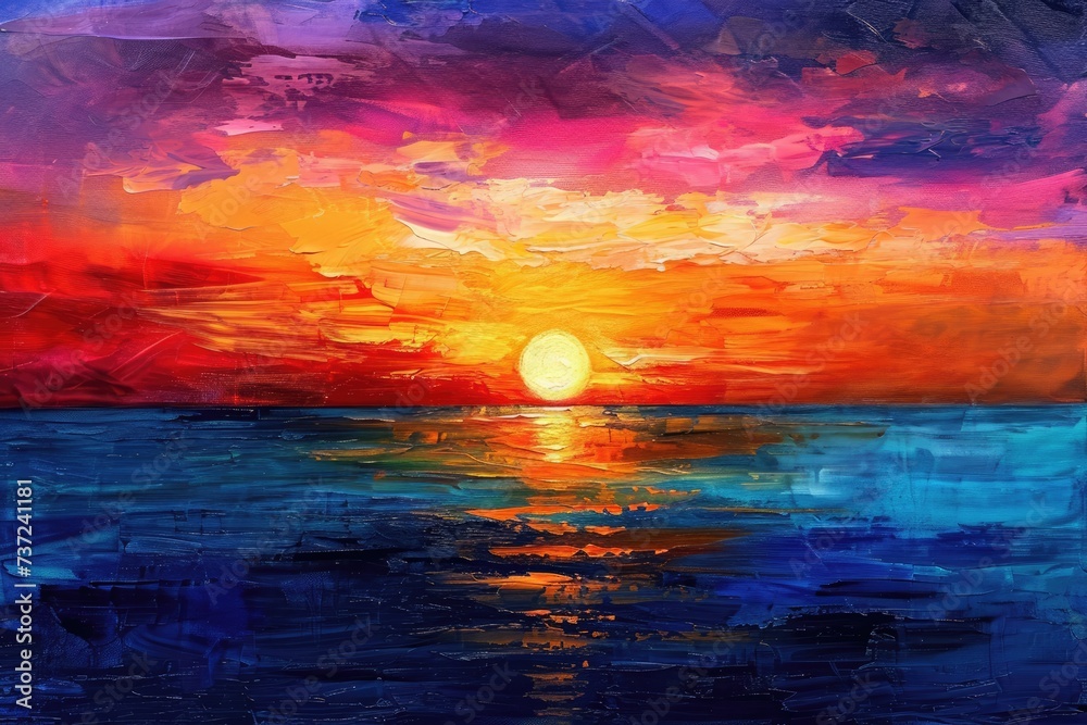 A vivid painting capturing the colors of a sunset as it illuminates the oceans expanse, An abstract rendition of a tropical sunset on the ocean, AI Generated