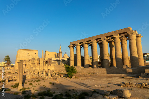 Luxor temple on the east bank of the Nile river at sunset, Egypt