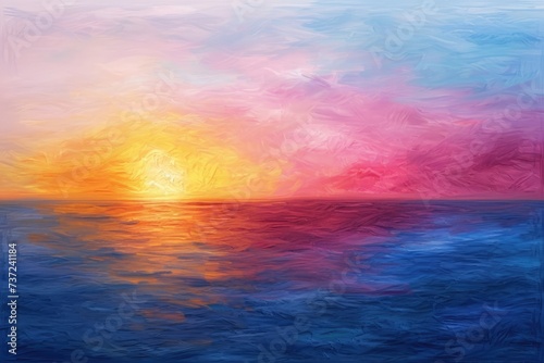 Painting of a Sunset Over the Ocean, An abstract rendition of a tropical sunset on the ocean, AI Generated