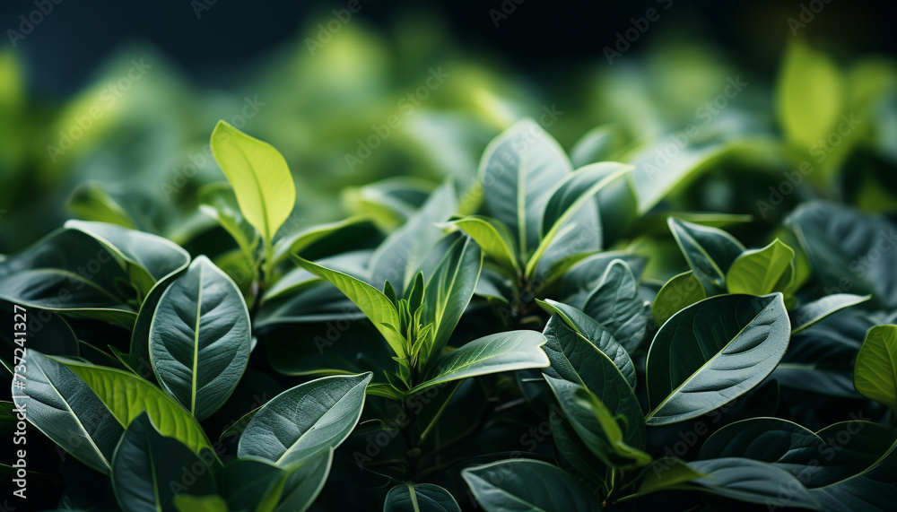 Fresh green leaves in a vibrant summer forest, close up macro generated by AI