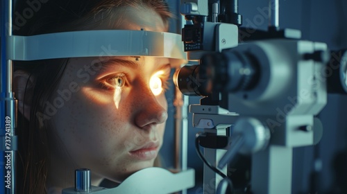the girl checks her vision at the ophthalmologist on the machine, pupil