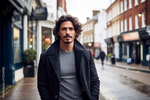 Portrait of a handsome man with curly hair wearing a coat and posing in the city © Stocknterias