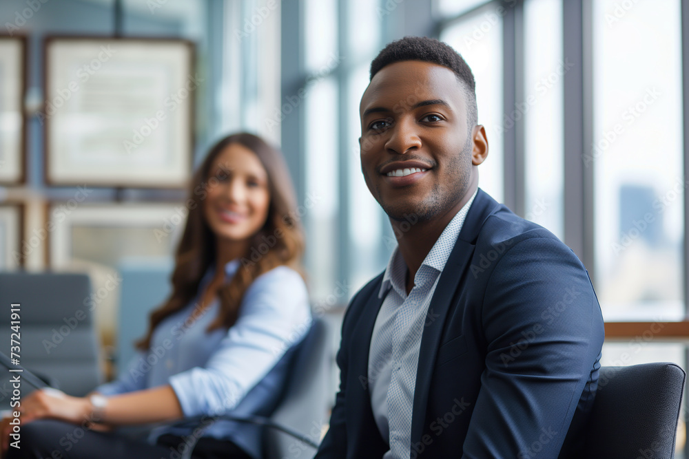 Smiling business man and woman of different races indoors Smiling business man and woman of different races indoors