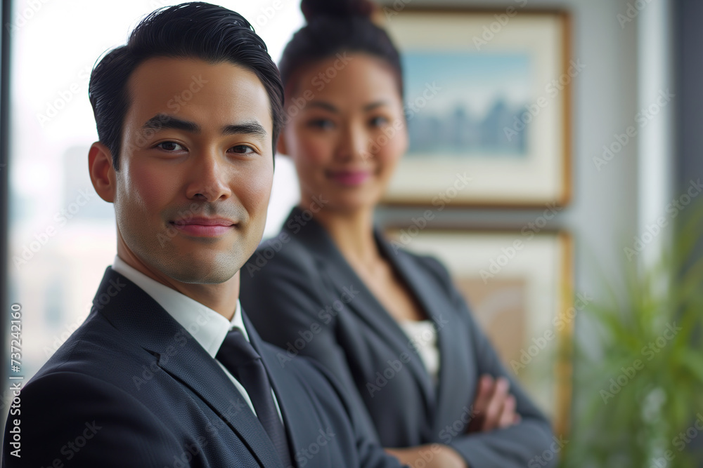 Smiling business man and woman of different races indoors Smiling business man and woman of different races indoors