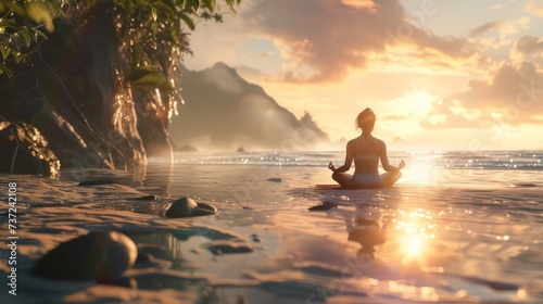 Serene yoga session on a beach at sunrise