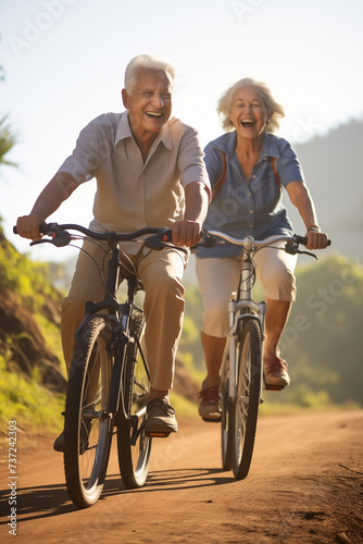 Elderly people cycling together in the sunshine. Concept of couple of mature people with active lifestyle doing sports outdoors.