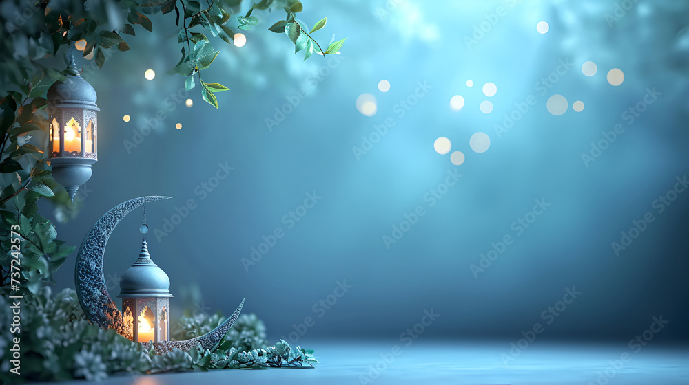 Arabic lanterns with moon and green leaves on blue background, Ramadan - obrazy, fototapety, plakaty 
