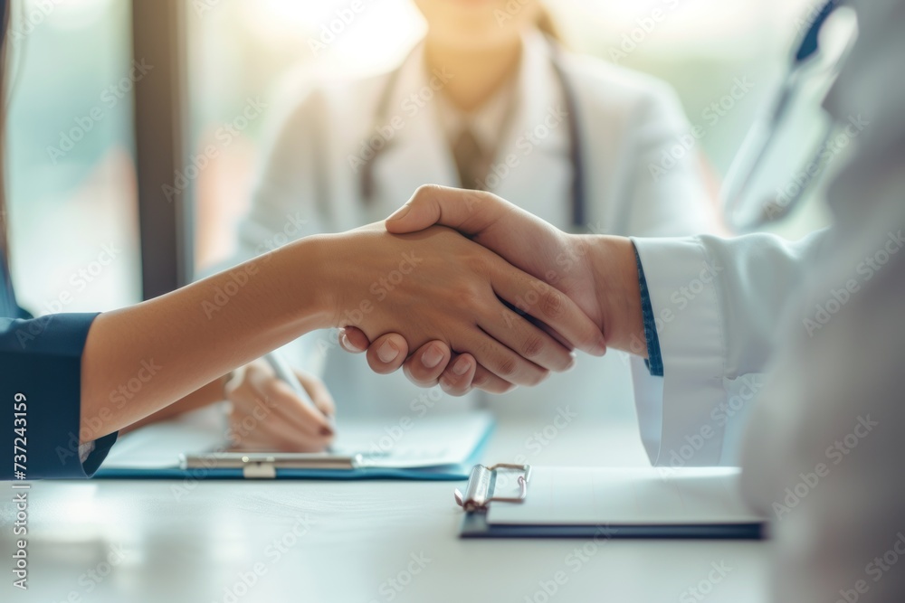a woman doctor, shakes hand of a woman at a table in a bright office without windows, a woman doctor, shakes hand of a woman at a table in a bright office without windows,