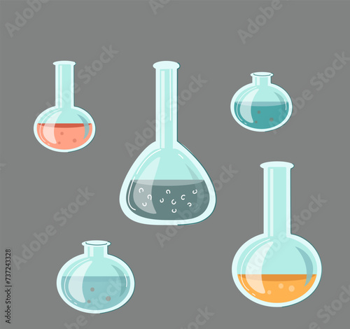 Silhouettes set Transparent glass flasks and retorts, glassware for the chemical laboratory. Test tubes for scientific research. Chemical equipment for experiments. Vector illustration in a flat doodl