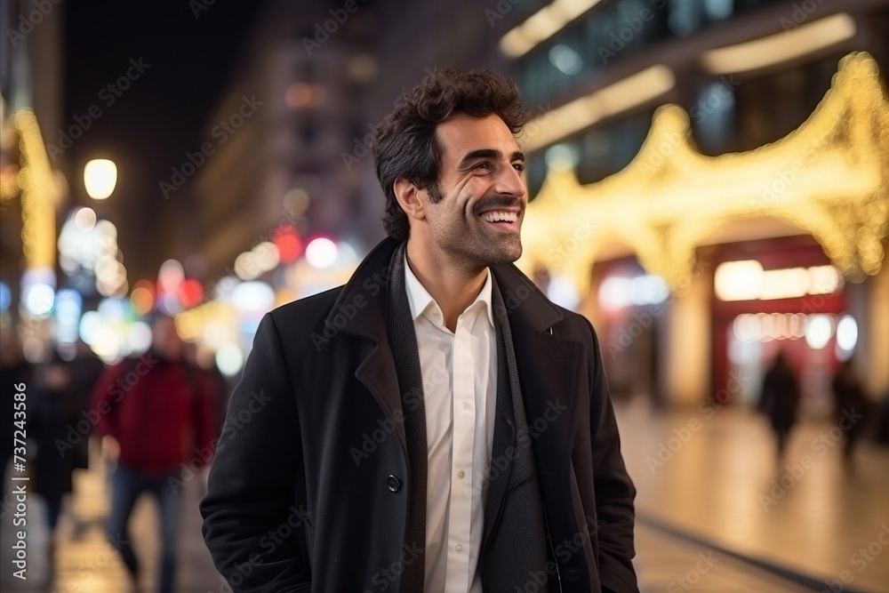 Portrait of a handsome man walking in the city at night. Portrait of a handsome man walking in the city at night.