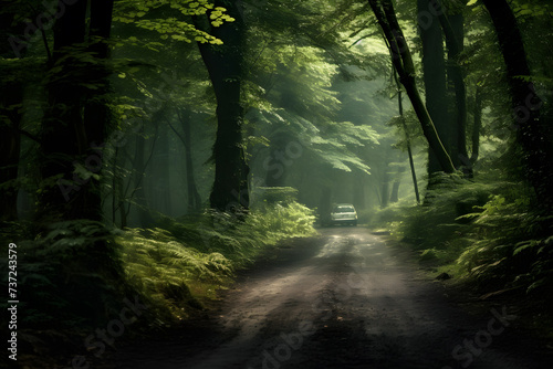 An old forest road leading through the forest with many green thickets and vegetation. International Forest Day concept.