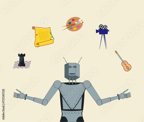 Artificial Intelligence concept: robot performing a variety of human tasks.  Mechanical man juggling with various activities icons. 
