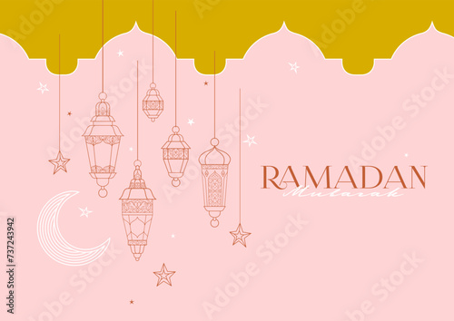 Vector Ramadan Mubarak premade card. A4 page size. Vintage banner for your Ramadan wishing. Shining Arabic lanterns. Islamic Holidays luxury pink background. Muslim feast