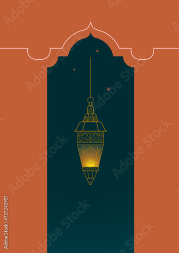 Vector Ramadan Mubarak premade card. A4 page size. Vintage banner for your Ramadan wishing. Shining Arabic lanterns. Islamic Holidays luxury pink background. Muslim feast