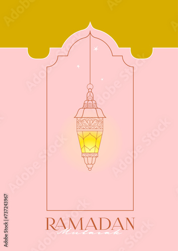 Vector Ramadan Mubarak premade card. A4 page size. Vintage banner for your Ramadan wishing. Shining Arabic lanterns. Islamic Holidays luxury pink background. Muslim feast