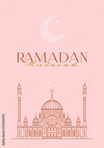 Vector Ramadan Mubarak premade card. Vintage banner for Ramadan wishing. Arabic arch, contour mosque, crescent. Decor in Oriental style. Islamic background. Card for Muslim feast