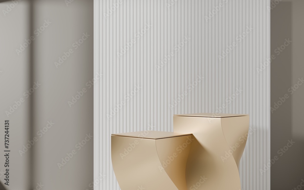 Gold empty podium or pedestal for product presentation on two floors, showcase of beauty and cosmetics product. Mockup platform. 3d rendering Gold empty podium or pedestal for product presentation on two floors, showcase of beauty and cosmetics product. Mockup platform. 3d rendering