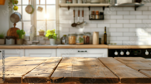 Wooden tabletop view for product montage over blurred kitchen interior background. 