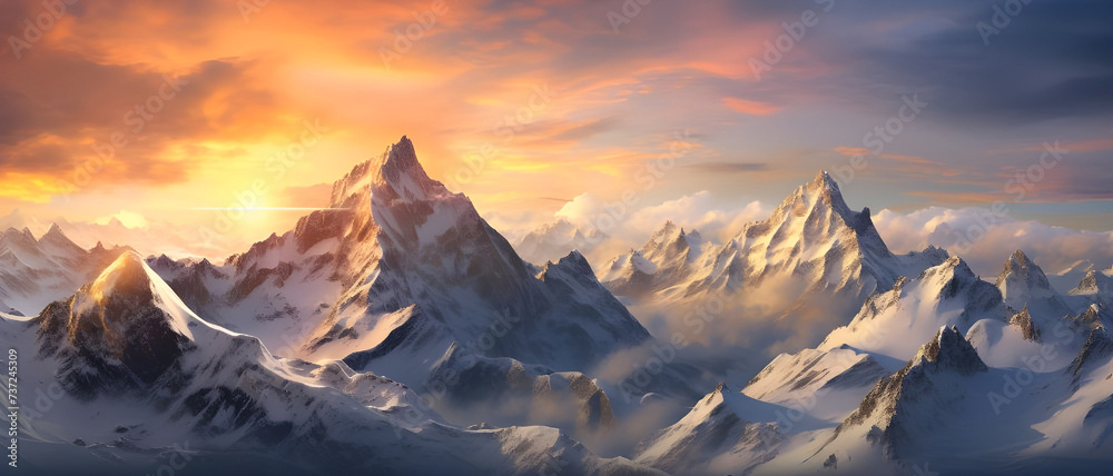 Mountains covered with snow at sunset - Ai generated Mountains covered with snow at sunset - Ai generated