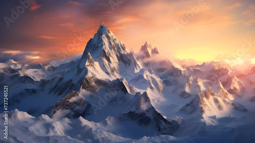 Mountains covered with snow at sunset - Ai generated © mady