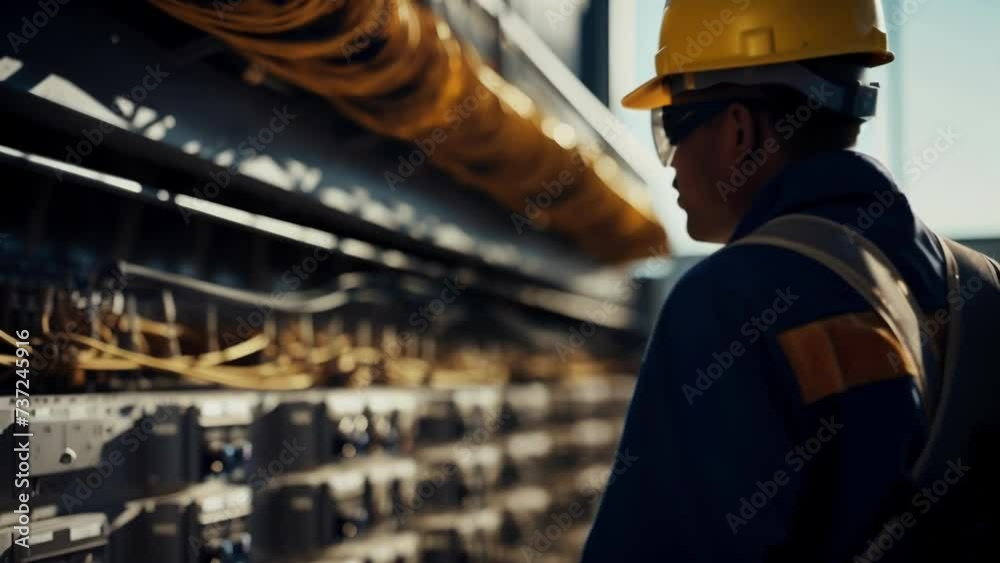 An insulator points to soing in the distance with one hand spool of wiring in the other. The worker wears a white hard hat yellow safety glasses and a navy blue jumpsuit as they inspect soing near