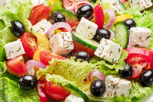 Greek salad ingredients close up. Tasty food background.