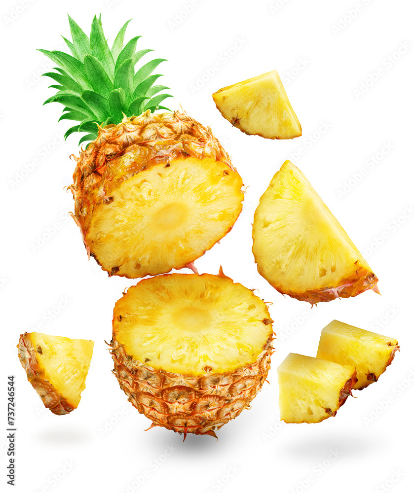 Ripe pineapple and pineapple slices isolated on white background. File contains clipping path. Ripe pineapple and pineapple slices isolated on white background. File contains clipping path.