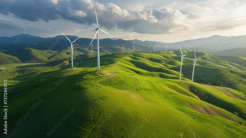 Wind farm with windmill turbines in a green field generating clean renewable electricity Wind farm with windmill turbines in a green field generating clean renewable electricity