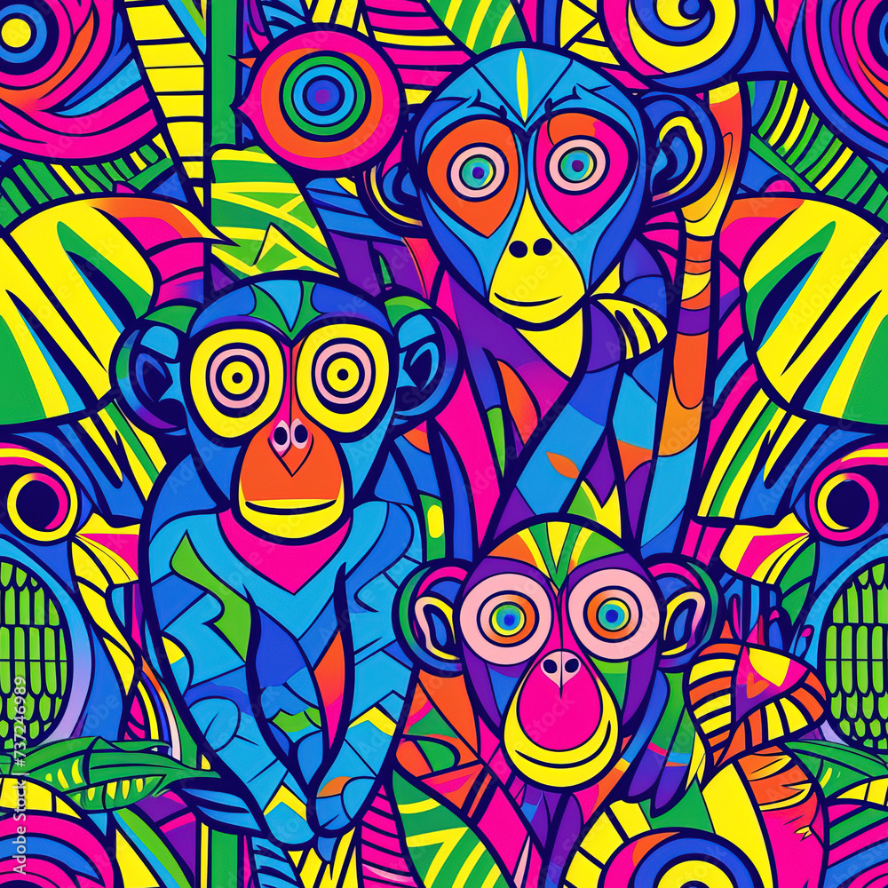 Monkey line art pop art cartoon colorful repeat pattern, vibrant bright party funky kawaii	