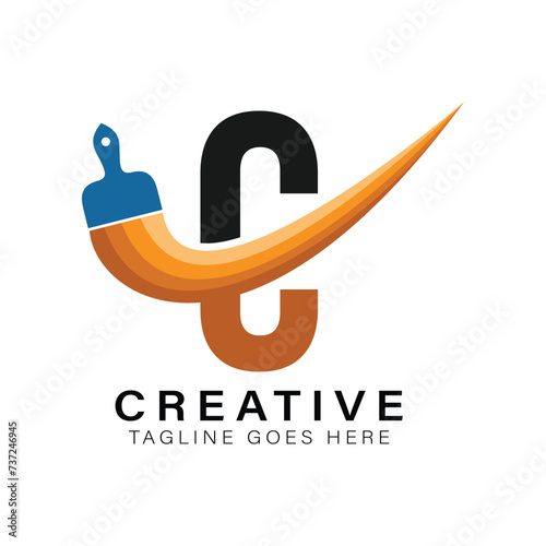 Letter C Paint Brush Logo. Alphabet C House Paint Business Icon