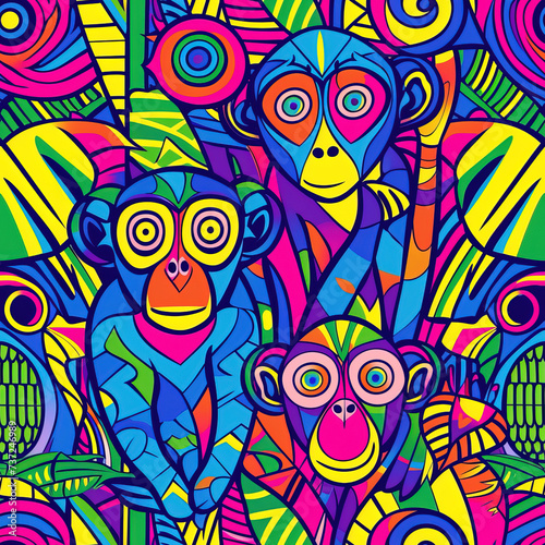 Monkey line art pop art cartoon colorful repeat pattern, vibrant bright party funky kawaii 