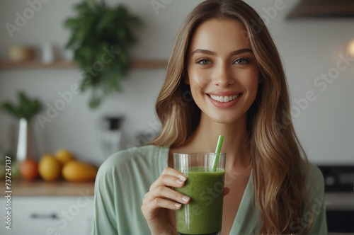 Young woman drinking green smoothie
