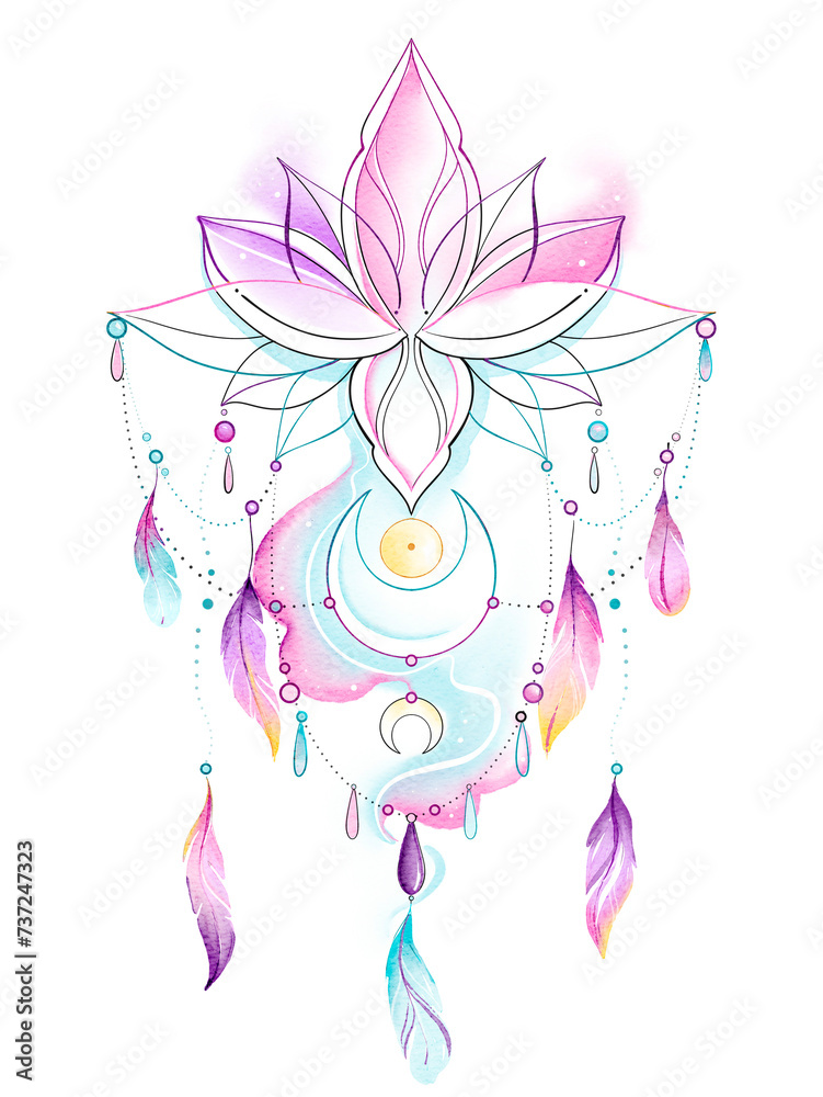 Lotus mandala dream catcher watercolor painting hand drawing with moon illustration of a indin flower yoga symbol line work pink blue purple png